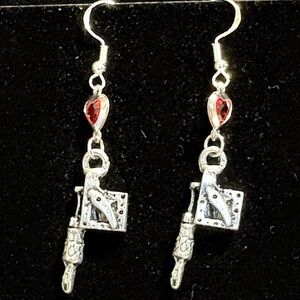 Tattoo machine charm and Red Heart Dangle Earrings